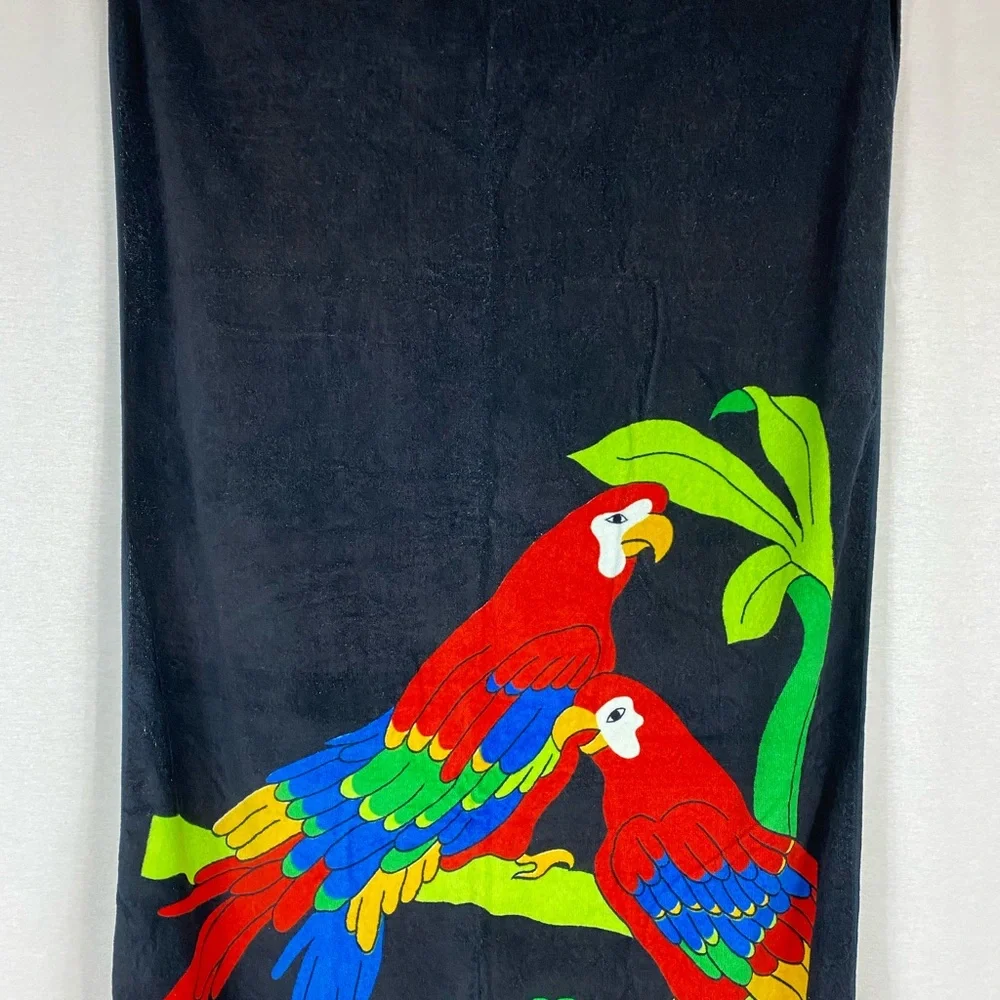 Vintage Tropical Parrot Print Black Beach Towel